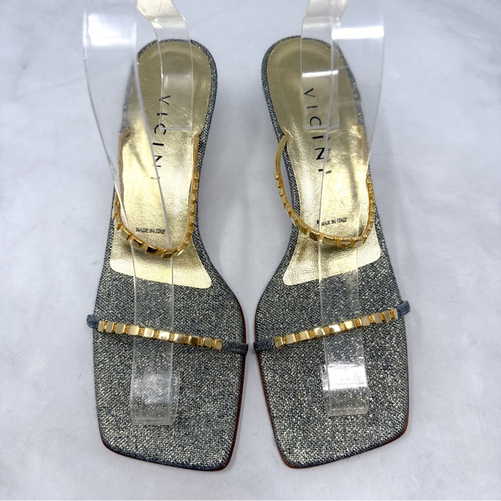 NEW Vicini by Giuseppe Zanotti Glitter Denim Low Kitten Heel Mule Sandal Gold 40 - Picture 4 of 16
